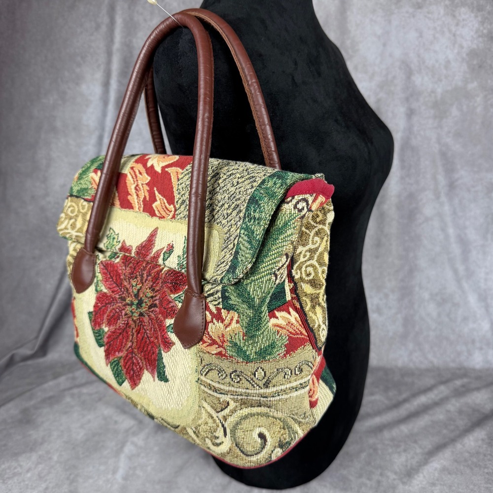 Vtg Sander Tapestry Patchwork Shoulder Bag Floral Poinsettia Red Tan Purse Bag